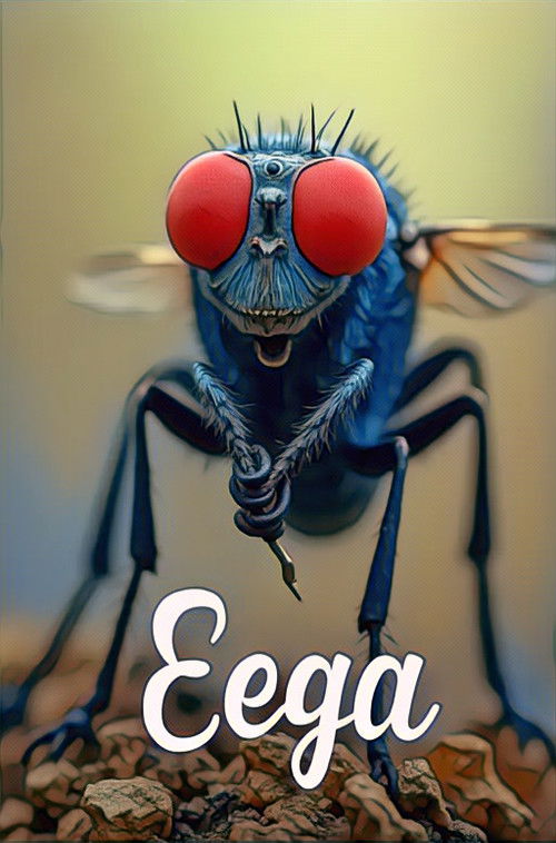 The movie poster for "Eega" features a striking, anthropomorphic fly with oversized red eyes and a menacing grin. The character's blue body contrasts sharply with the muted, earthy tones of the background. The word "Eega" is prominently displayed in white, adding a mysterious and intriguing tone ...