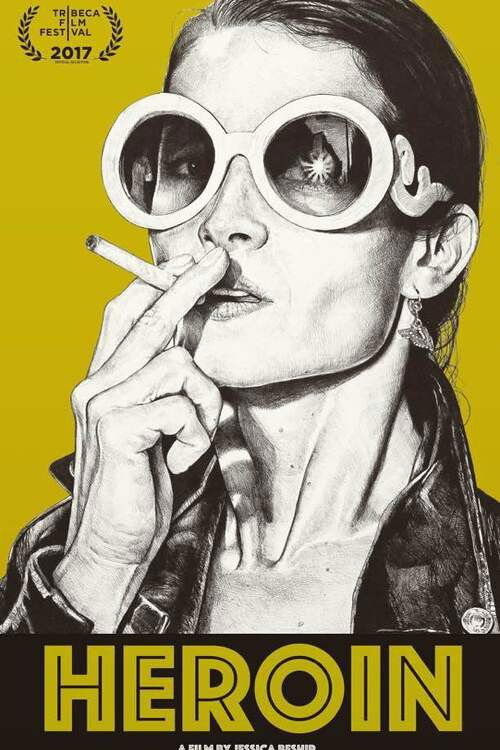 This poster features a striking black-and-white illustration of a person with oversized white sunglasses, smoking a cigarette against a bold yellow background. The mood is intense and mysterious, evoking themes of rebellion and allure. The title "HEROIN" is prominently displayed at the bottom in ...