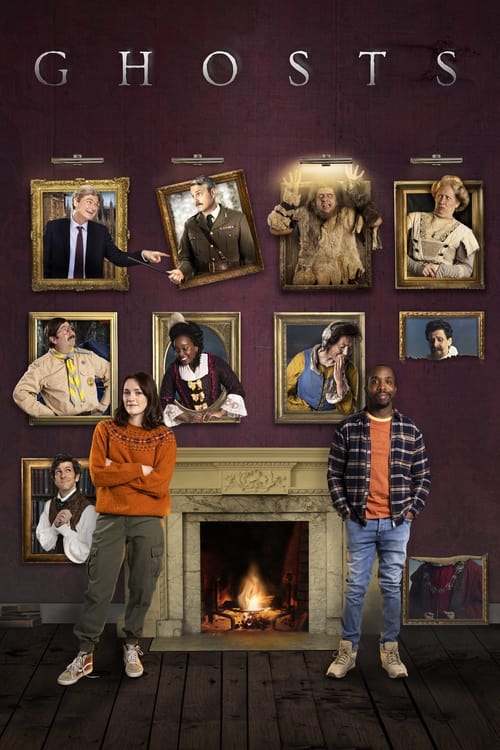 The poster features a spooky yet cozy atmosphere with a fireplace and framed portraits of the cast. Two characters stand in front, one in an orange jacket and the other in a plaid shirt, creating a warm contrast against the eerie purple background. The mood is mysterious and inviting, hinting at ...