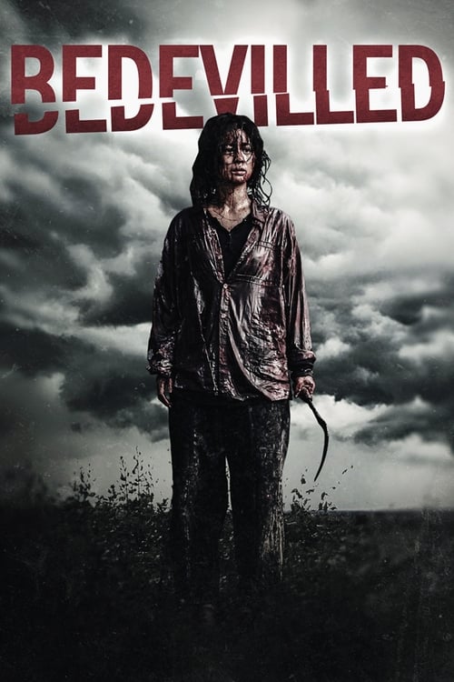 The poster features a haunting figure of a woman with dark, unkempt hair and a distressed expression, standing amidst a stormy sky filled with ominous clouds. The title "BEDEVILLED" is prominently displayed in bold, red letters at the top, evoking a sense of dread and supernatural horror. The ove...