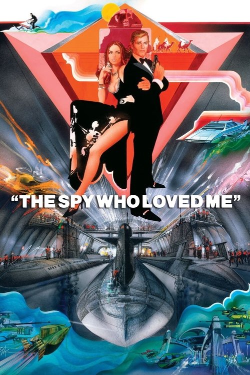 The poster features a glamorous couple in black and white against a vibrant, colorful backdrop of water and mountains. The title "The Spy Who Loved Me" is prominently displayed in bold letters. The overall mood is adventurous and romantic, capturing the essence of the film's thrilling and romanti...