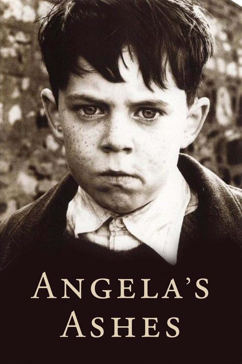 A sepia-toned portrait of a young boy with a somber expression, framed against a textured brick wall. The title "ANGELA'S ASHES" appears in bold, serif typography at the bottom, evoking a sense of melancholy and historical weight.