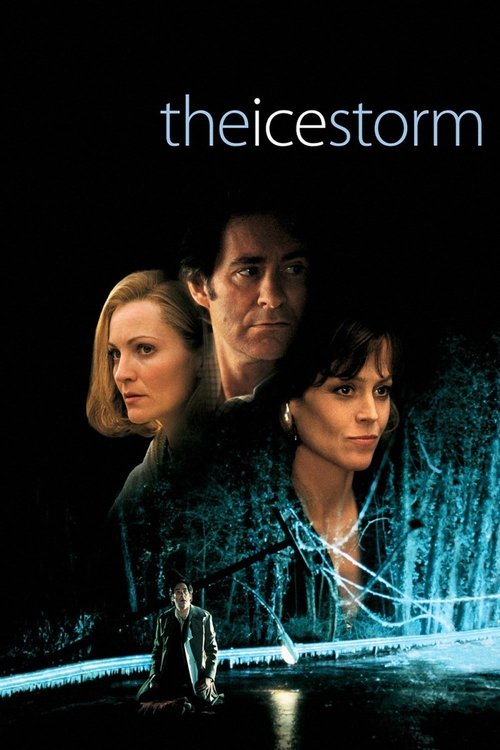 The Ice Storm poster features three characters against a dark, stormy backdrop. The cool blue tones and icy imagery evoke a suspenseful and mysterious atmosphere.