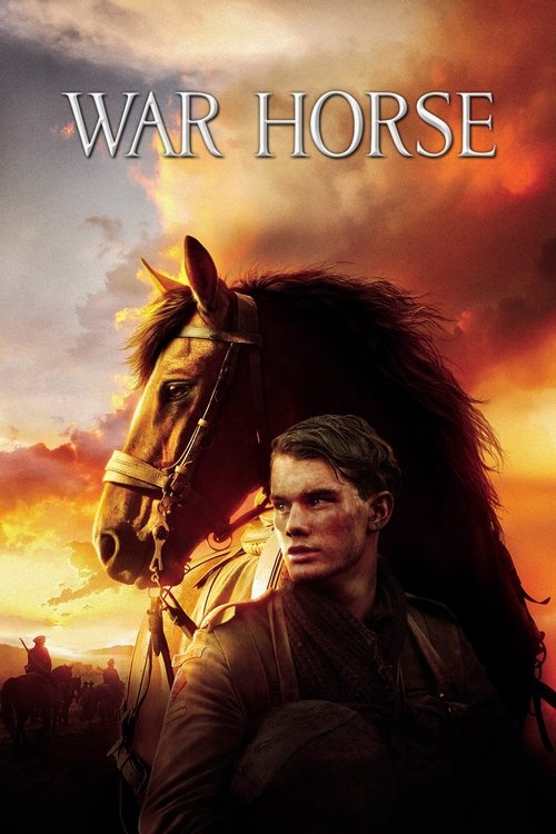 The poster features a man in a dark coat standing before a majestic horse, set against a dramatic sunset sky. The warm hues of orange and yellow evoke a sense of epic adventure and historical drama.