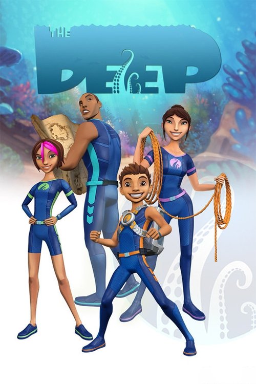 The poster showcases four animated characters in vibrant blue underwater suits, exuding adventure and camaraderie. The characters are posed dynamically against a backdrop of deep blue hues and faint coral reefs, evoking a sense of mystery and exploration. The title "The Deep" is prominently displ...