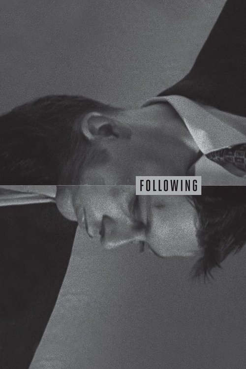 The black-and-white image captures a man in a suit, his face partially obscured by a horizontal line that divides his features. The word "FOLLOWING" is prominently displayed in the center, suggesting a dramatic or mysterious narrative. The mood is intense and contemplative, with the monochrome pa...