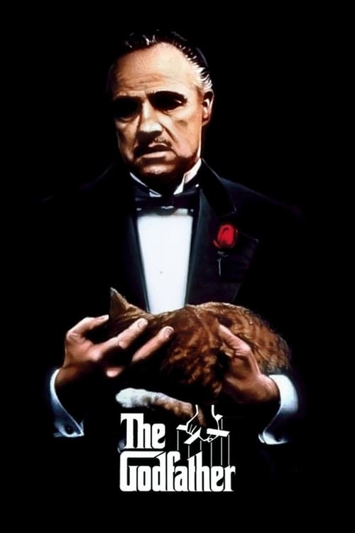 This movie poster features a stern, weathered man in a tuxedo holding a cat against a black background. The dramatic lighting highlights his intense expression and the rich brown tones of the cat. The title "The Godfather" is prominently displayed at the bottom, conveying a sense of mystery and p...