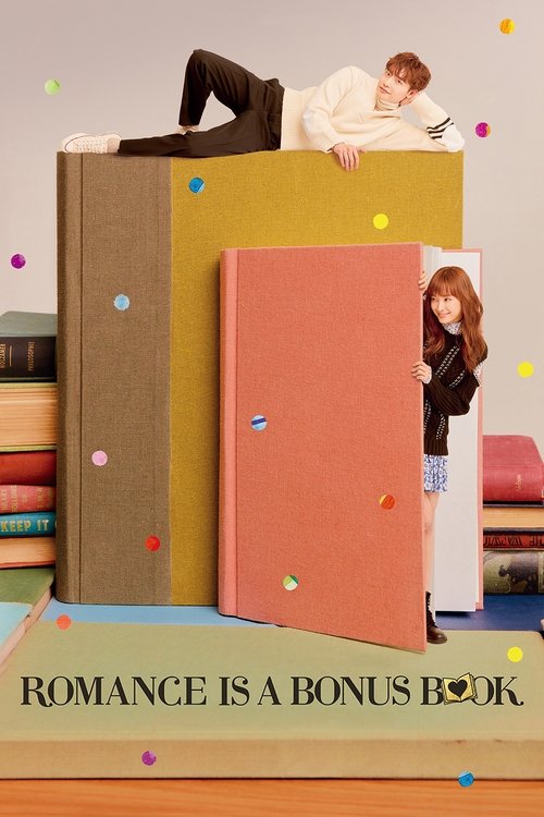 The poster features a couple lounging on colorful stacked books, with one person peeking through a pink book. The playful, vibrant colors and cheerful atmosphere convey a lighthearted, romantic vibe.