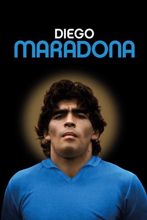 The poster features a young Diego Maradona with dark curly hair and a blue polo shirt, set against a black background with a spotlight effect. The title "Diego Maradona" is prominently displayed in bold white and blue letters. The mood is intense and dramatic, capturing the essence of the legenda...