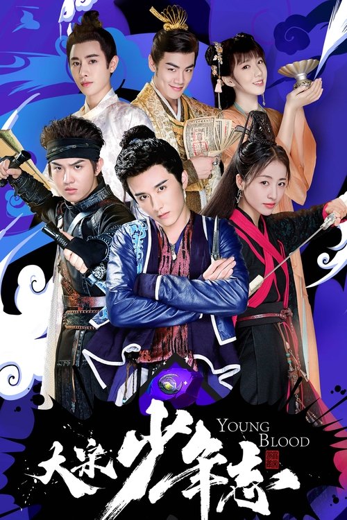 The poster features a group of young actors in vibrant, traditional Chinese costumes against a deep blue background. The characters exude a mix of action and drama, with dynamic poses and expressive faces. The title "Young Blood" is prominently displayed in bold, stylized text at the bottom. The ...