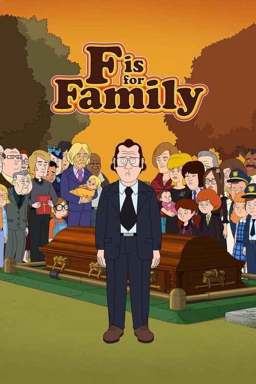 The poster features a central figure in a suit standing before a wooden coffin, surrounded by a diverse group of people in colorful clothing. The warm sunset hues create a nostalgic and solemn mood, emphasizing the theme of family bonds.