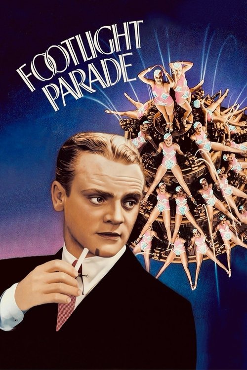 This movie poster for "Footlight Parade" features a man in a suit holding a cigarette against a starry night sky, evoking a mysterious and theatrical atmosphere. The title is prominently displayed in bold, glowing letters, while the background suggests a magical or supernatural event.