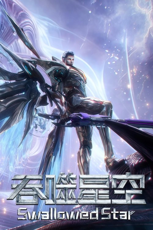 The poster features a muscular man in sleek, metallic armor with glowing blue accents, standing confidently atop a futuristic weapon. His large, winged helmet adds to the sci-fi aesthetic. The background is filled with swirling cosmic energy in purples and blues, creating a dramatic, otherworldly...