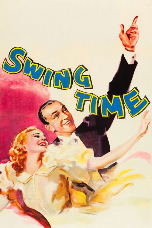 This vintage movie poster features a glamorous couple in a dynamic pose, exuding romance and excitement. The bold, colorful typography and warm tones evoke a classic Hollywood era feel, capturing the essence of the swing dance era.
