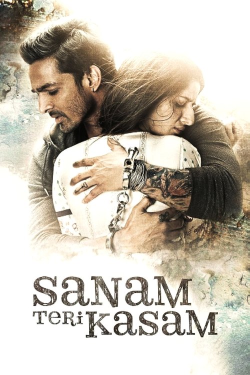 The poster features a tender moment between two men embracing, with warm golden lighting and soft, dreamy colors. The title "Sanam Teri Kasam" is prominently displayed at the bottom, conveying a sense of deep affection and emotional connection.