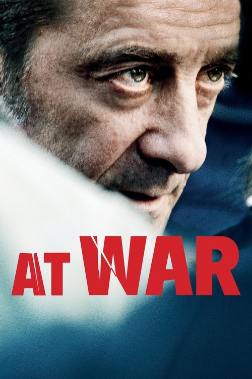 The poster features a close-up of a man's intense, weathered face, conveying a sense of determination and resolve. The bold red "AT WAR" text dominates the lower portion, symbolizing the film's theme of conflict and struggle. The muted blue background adds depth, while the overall composition evo...