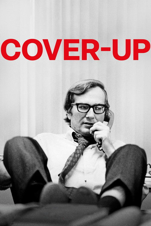 The black-and-white image features a man in glasses, shirtless, and wearing a tie, reclining with his hand near his face. The bold red text "COVER-UP" dominates the top. The mood is mysterious and intriguing.