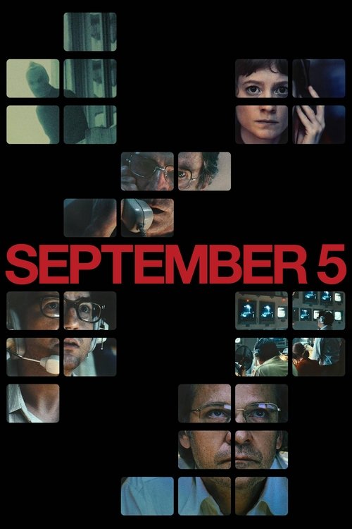 The poster features a dark, moody atmosphere with a grid of small images scattered across the background, suggesting a collage or fragmented narrative. The title "SEPTEMBER 5" is prominently displayed in bold red letters, evoking a sense of urgency or impending action. The overall composition cre...