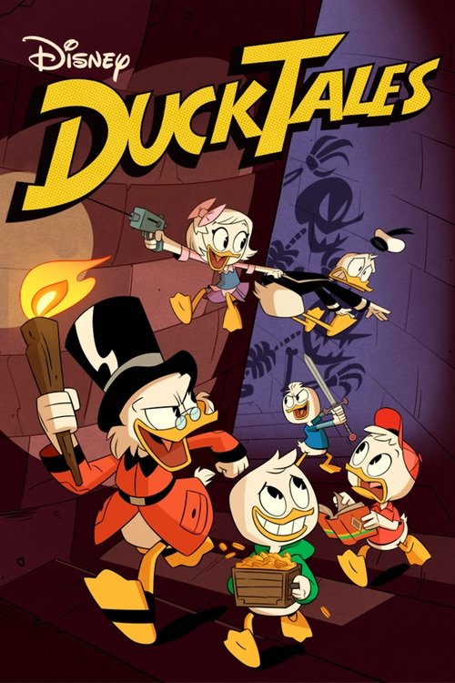 The Disney DuckTales poster features a dynamic scene with four characters in vibrant colors—red, orange, yellow, and blue—against a dark purple background. The characters are depicted in action poses, with one holding a torch and another wielding a staff. The overall mood is energetic and adventu...