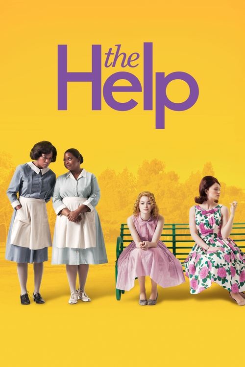 The poster features three women in vintage dresses against a bright yellow background, evoking a nostalgic, warm atmosphere. The title "The Help" is prominently displayed in bold purple letters, suggesting themes of empowerment and community.