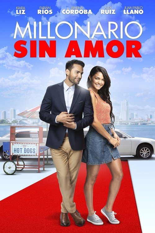 The poster features a man and woman standing on a red carpet, with the title "Millonario sin amor" prominently displayed. The man wears a dark suit and the woman a pink dress, both exuding elegance. The background showcases a cityscape with a vintage car and a red truck, suggesting a glamorous ye...