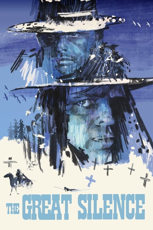 This movie poster depicts a haunting scene with a figure in a dark hat, surrounded by silhouetted trees and a mysterious, eerie atmosphere. The cool blue and black color palette evokes a sense of mystery and foreboding, while the title "The Great Silence" hints at a chilling narrative.