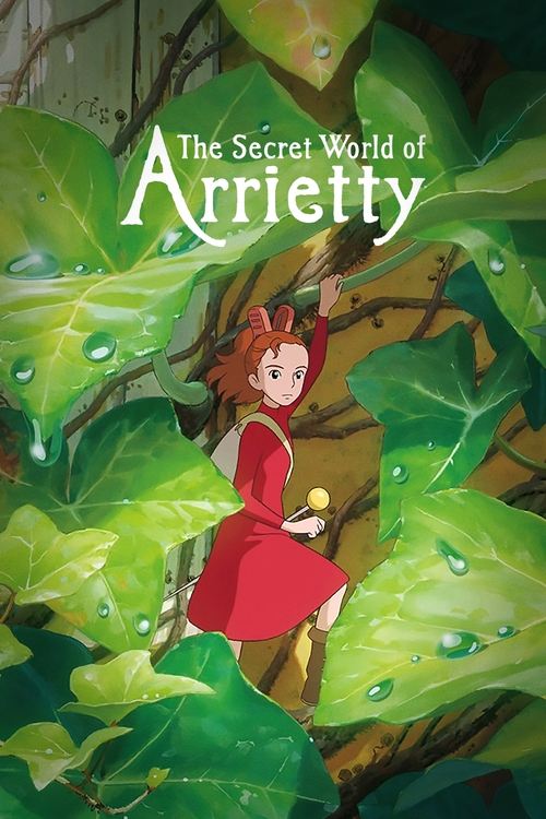 The poster features a young girl in a red dress standing amidst lush green leaves, evoking a magical, dreamlike atmosphere. The vibrant colors and gentle mood suggest a whimsical tale of friendship and wonder.