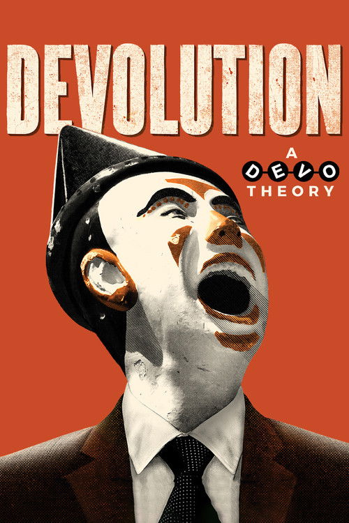 The poster features a man in a suit and fedora, screaming with intense emotion against a stark red background. The bold, white typography emphasizes the word "DEVOLUTION," creating a powerful and unsettling atmosphere.