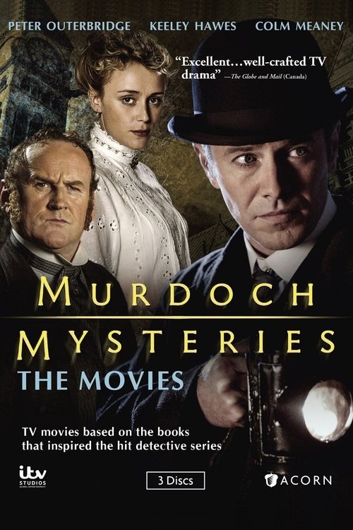 The poster features three characters in a dramatic, noir-style setting with muted tones and shadows. The title "Murdoch Mysteries" is prominently displayed in bold, golden letters, evoking mystery and intrigue. The overall mood is suspenseful and atmospheric, suggesting a classic detective story.