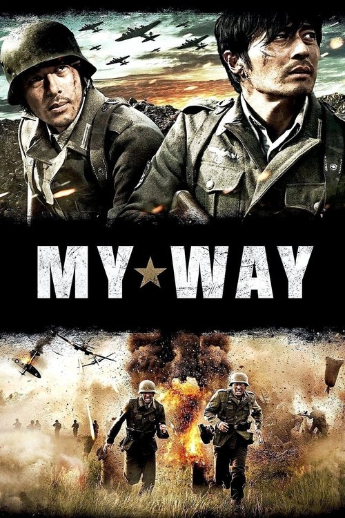 This movie poster depicts two soldiers in WWII uniforms, exuding a somber and reflective mood. The sepia-toned image of the soldiers, with one holding a rifle and the other looking determined, captures the gritty atmosphere of the war. The title "MY WAY" is prominently displayed in bold, white le...