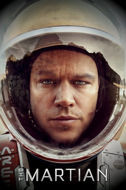 The Martian poster features a close-up of a man in a space suit, with a weathered, determined expression. The muted tones of gray and brown evoke a sense of isolation and endurance. The title "The Martian" is prominently displayed in bold, metallic letters, emphasizing the film's themes of surviv...