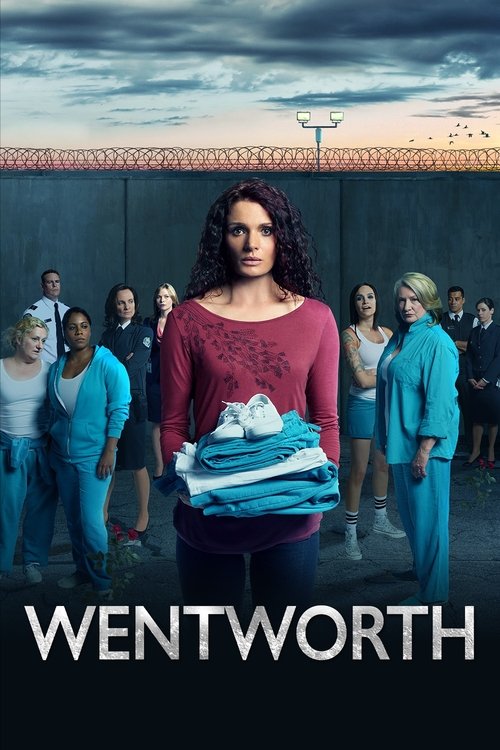 The poster features a central figure holding a stack of folded clothes against a moody, twilight sky. Surrounding her are diverse characters in blue uniforms, suggesting a medical or hospital setting. The muted tones and somber expressions convey a sense of tension and uncertainty, hinting at the...