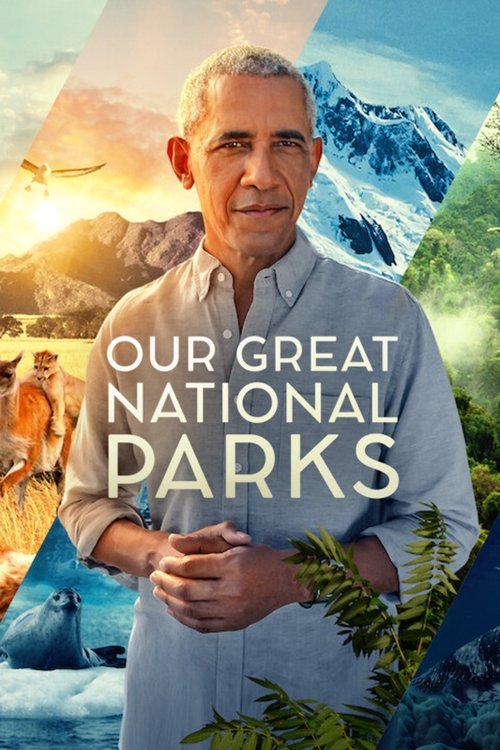 The poster features a serene image of Barack Obama in a light blue shirt, surrounded by vibrant natural landscapes. The colors are bright and inviting, with warm sunlight and lush greenery creating a peaceful atmosphere. The text "Our Great National Parks" is prominently displayed in bold white l...
