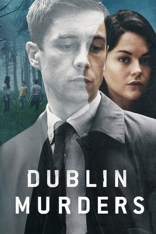 The poster features a somber, sepia-toned image of two men in formal attire, with a woman's face partially visible behind them. The muted colors and serious expressions convey a tense, dramatic atmosphere, hinting at the gritty reality of the murders depicted in the show.