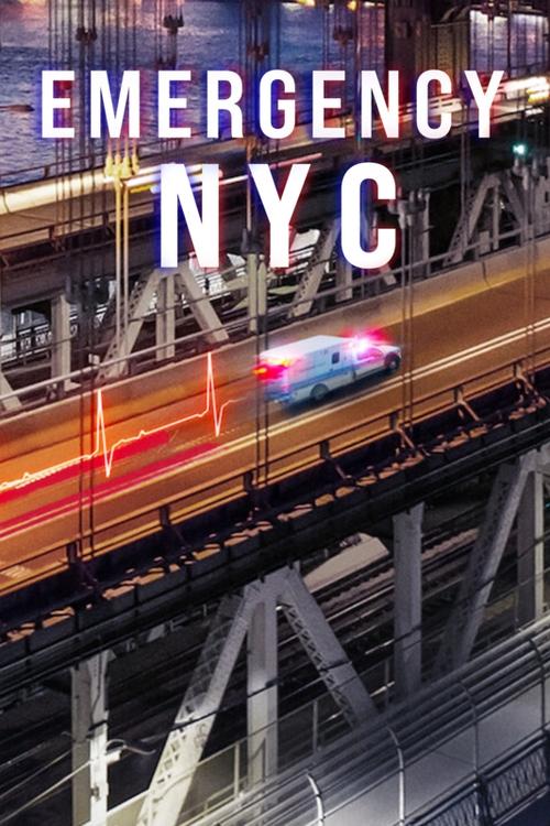The poster features a blurred cityscape at night with streaks of orange and red lights, suggesting motion and urgency. The bold white text "EMERGENCY NYC" dominates the top, conveying a sense of immediate danger. The overall mood is tense and dramatic, capturing the essence of a high-stakes emerg...