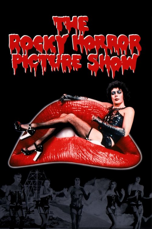 The poster features a woman reclining on a giant red tongue, with a band playing in the background. The bold red title contrasts against a black background, creating a dramatic and intense atmosphere.