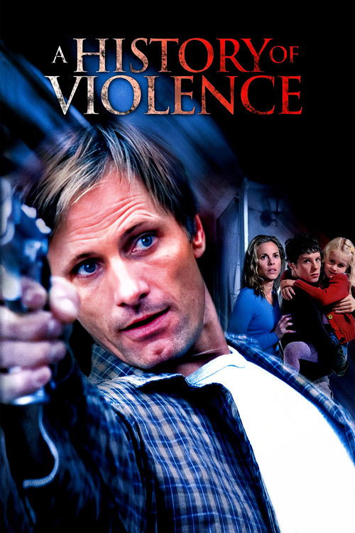The poster features a gritty, intense scene with a man in a plaid shirt holding a gun, exuding menace. In the background, a group of people watches him with expressions of fear or concern. The dark, moody atmosphere combined with the red and white color scheme creates a suspenseful and dramatic m...