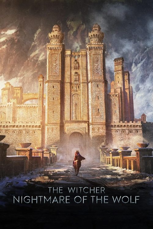 The poster features a lone figure in a dark cloak walking toward a grand, ancient castle under a stormy sky. The castle is bathed in warm golden light, contrasting with the dark, ominous clouds above. The overall mood is mysterious and foreboding, evoking a sense of danger and intrigue.