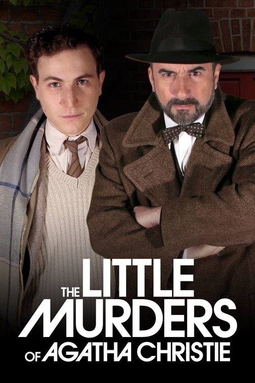 The poster features two men in period attire, one with a hat and the other without, both exuding mystery. The muted brown tones and shadowed background create a noir atmosphere, suggesting a classic detective story. The title "The Little Murders of Agatha Christie" is prominently displayed in bol...