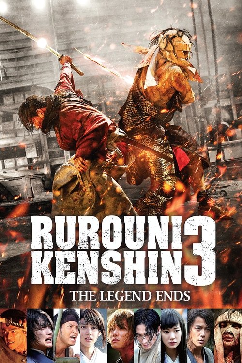 The poster features a dramatic scene with two warriors on horseback amidst fiery explosions and destruction. The title "Rurouni Kenshin 3" is prominently displayed in bold white letters, while "The Legend Ends" appears below in smaller text. The overall composition conveys an intense, action-pack...