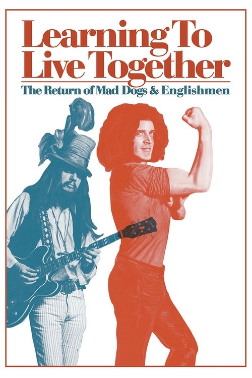 The poster features two figures in a vibrant red and blue color scheme. The man on the left wears a top hat and plays a guitar, while the woman on the right flexes her bicep. The mood is energetic and playful, suggesting a fun and lively movie experience.