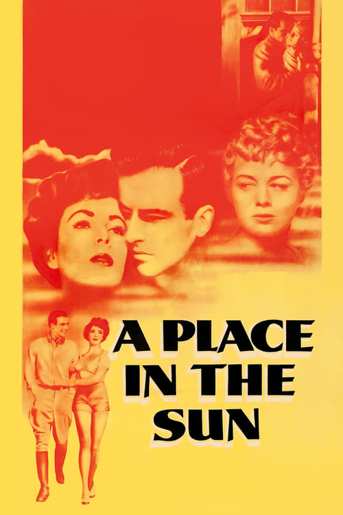 The poster features a vintage movie poster design with a red and yellow color scheme. It depicts three women in a romantic pose, with one woman looking up at the others. The mood is nostalgic and romantic, evoking the golden age of cinema. The title "A Place in the Sun" is prominently displayed i...