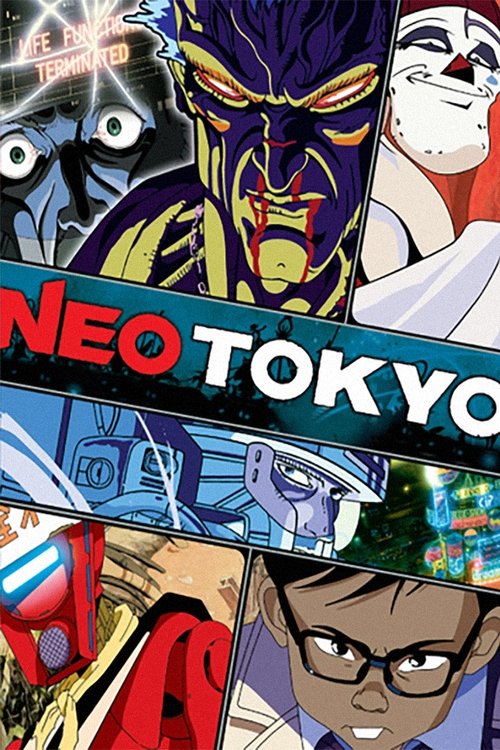 This vibrant poster showcases a dynamic scene with Neo, a futuristic robot, in the center. Surrounding him are various characters, including a menacing figure on the left and a cheerful character on the right. The bold red and white text "NEO TOKYO" stands out against the colorful background. The...