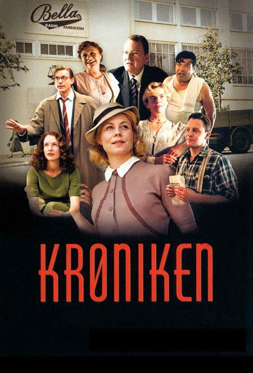 The poster features a group of characters in a vintage setting, with warm tones and a nostalgic mood. The title "Kroniken" is prominently displayed in bold red letters.