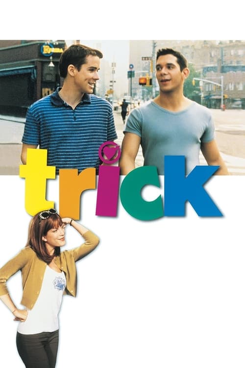 The poster features three men in casual attire, exuding a relaxed yet adventurous vibe. The colorful "trick" logo stands out against the urban backdrop, while a woman in a stylish outfit adds a touch of glamour. The overall composition suggests a comedic adventure with a playful and energetic tone.