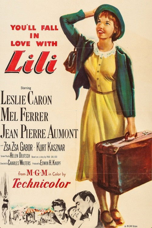 This vintage movie poster features a glamorous woman in a yellow dress and green hat, holding a suitcase. The bold red text announces "You'll Fall in Love With Lili," while the names of the stars—Leslie Caron, Mel Ferrer, Jean-Pierre Aumont, and Jeanne Moreau—appear prominently. The overall desig...