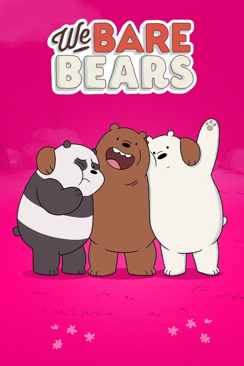 This vibrant pink poster features three animated bears in a playful embrace, exuding warmth and camaraderie. The bold, colorful title "We Bare Bears" adds a fun, energetic tone, while the soft pink background and paw print motifs create a cozy, inviting atmosphere.