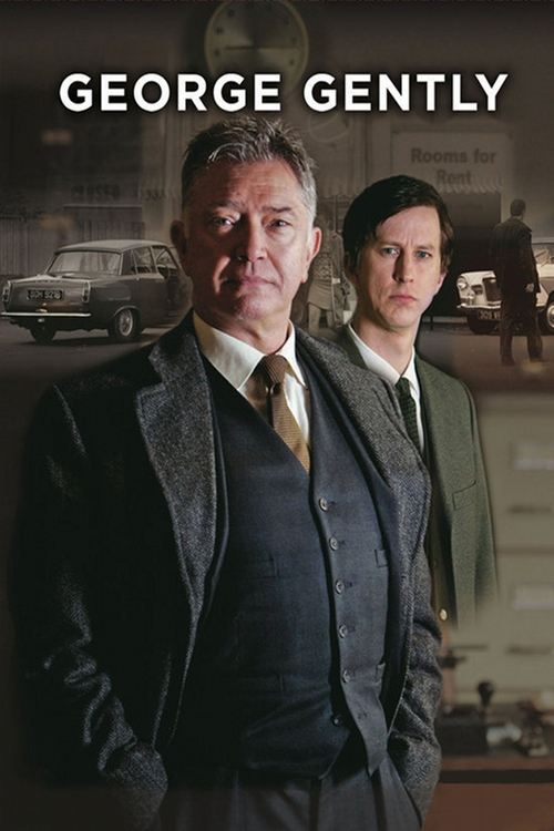 The poster features two men in formal suits against a muted, sepia-toned background. The mood is serious and cinematic, evoking the classic detective genre. The warm lighting and vintage car suggest a noir atmosphere.