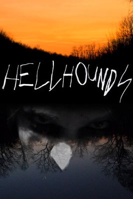 The poster features a hauntingly eerie image of a person's face, partially obscured by silhouetted trees against a vibrant sunset. The title "HELLHOUNDS" is prominently displayed in bold, distressed white letters, evoking a sense of dread and mystery. The overall mood is dark and suspenseful, wit...