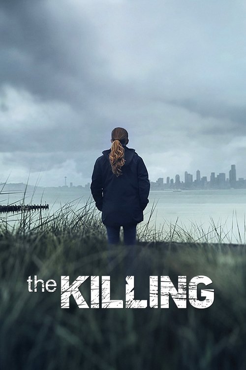 The poster features a solitary figure standing in tall grass, facing away from the viewer against a moody, overcast sky. The muted tones of gray and green evoke a somber, melancholic mood, while the distant city skyline hints at urban decay. The title "the KILLING" in bold, white letters dominate...